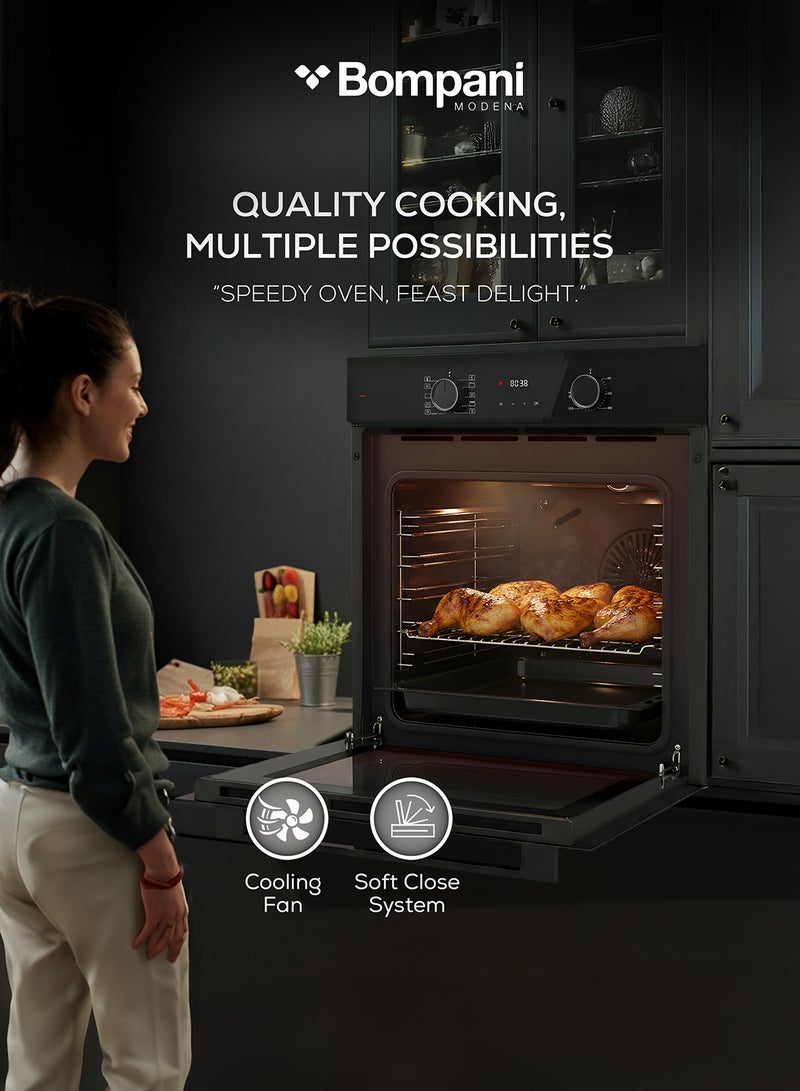 Bompani 60cm Electric Built-in Oven, 73L Capacity with Turbo Fan, Grill, Soft Close System, Triple Glass Door, Black Enamel Interior – (1 Year Warranty) BO243ZBT black - Image 2