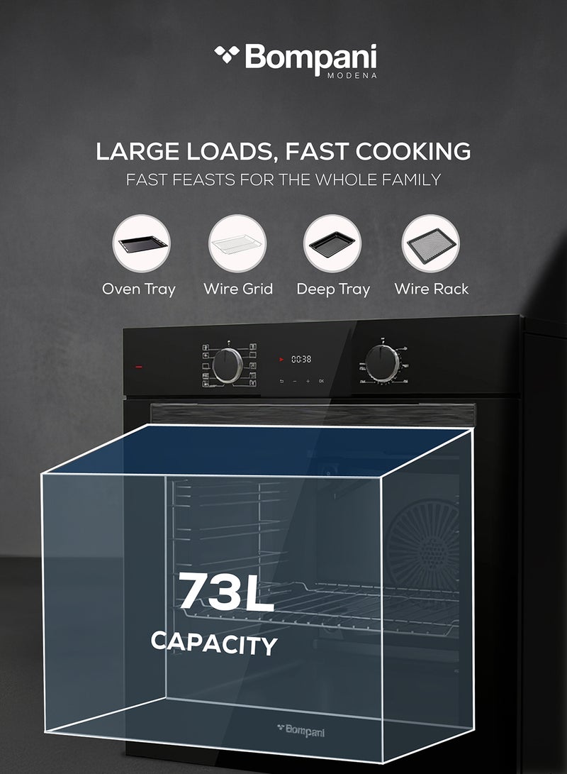 Bompani 60cm Electric Built-in Oven, 73L Capacity with Turbo Fan, Grill, Soft Close System, Triple Glass Door, Black Enamel Interior – (1 Year Warranty) BO243ZBT black - Image 4
