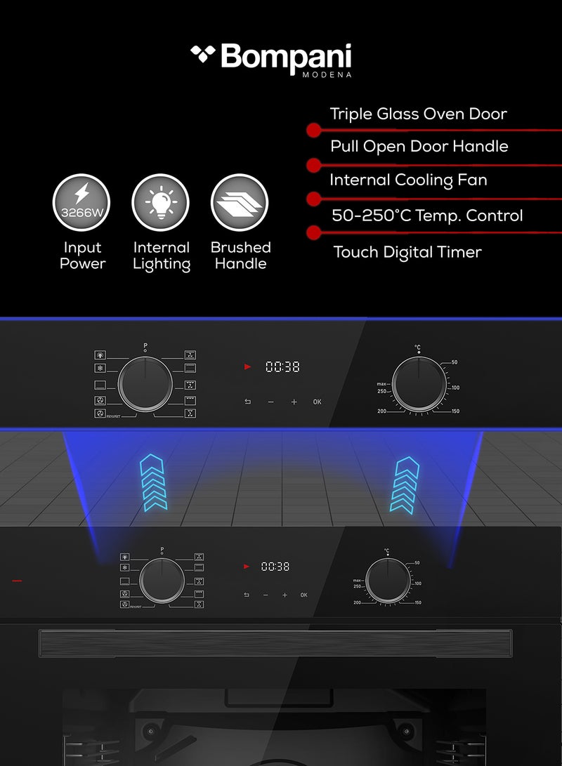 Bompani 60cm Electric Built-in Oven, 73L Capacity with Turbo Fan, Grill, Soft Close System, Triple Glass Door, Black Enamel Interior – (1 Year Warranty) BO243ZBT black - Image 5