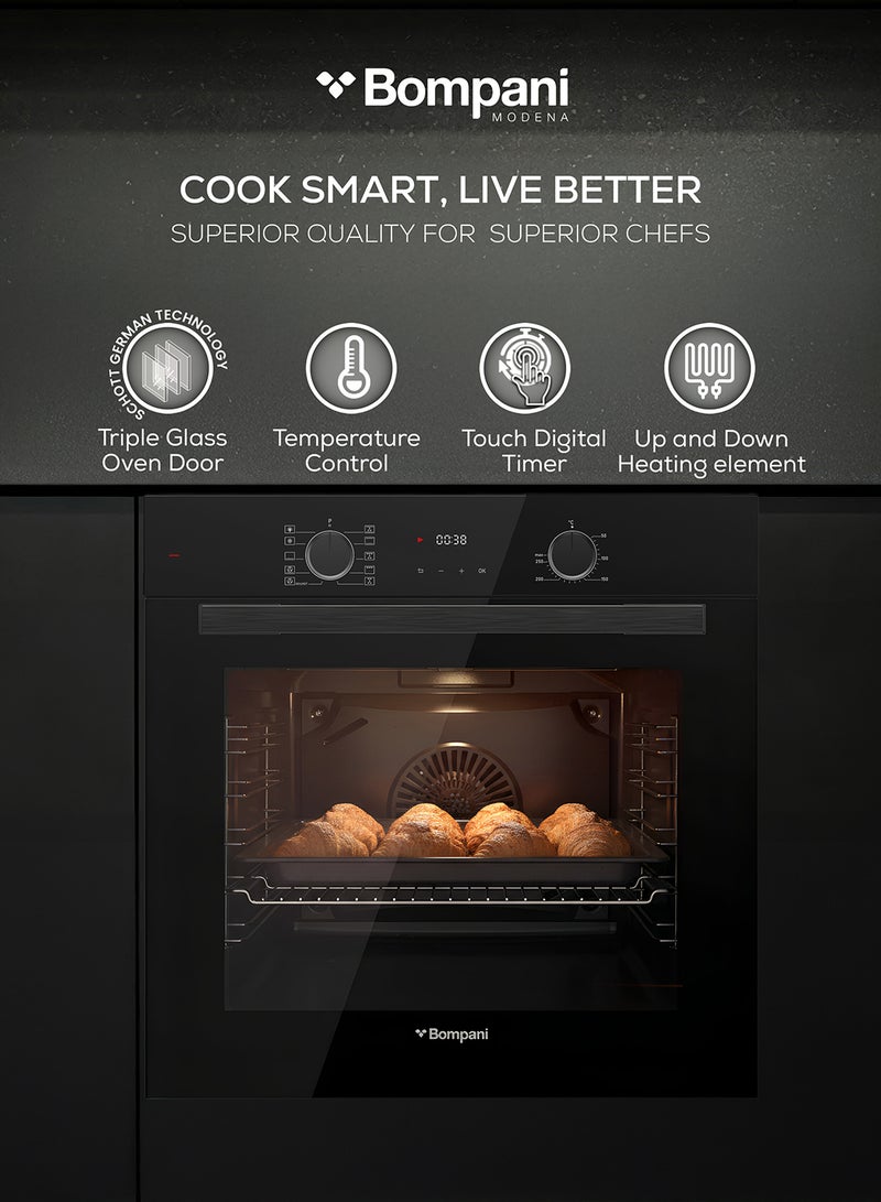 Bompani 60cm Electric Built-in Oven, 73L Capacity with Turbo Fan, Grill, Soft Close System, Triple Glass Door, Black Enamel Interior – (1 Year Warranty) BO243ZBT black - Image 3
