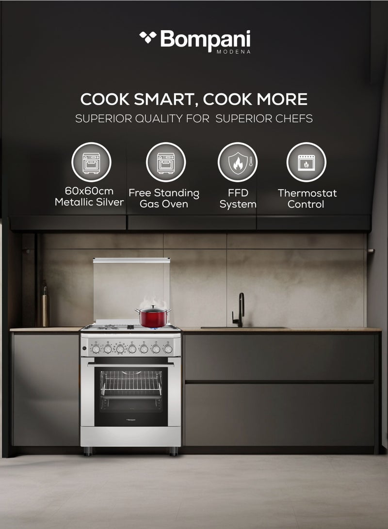 Bompani 60x60 cm Stainless Steel Gas Cooker with 4 Sabaf Burners, 66L Electric Oven, Grill, Rotisserie, Turbo Fan & Triple Glass Door – (1 Year Warranty) BO614BIXT silver - Image 2
