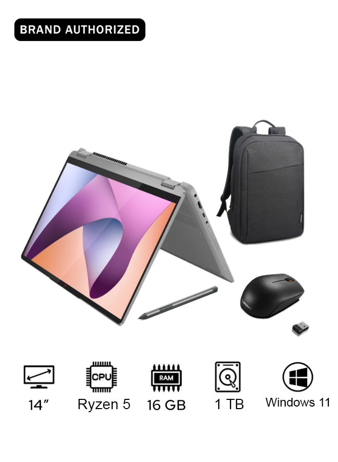 لينوفو IdeaPad Flex 5 14ABR8 Laptop With 14-Inch WUXGA (1920x1200) IPS Display, AMD Ryzen 5 5625U Processor/16GB RAM/ 1TB SSD/AMD Radeon Graphics/Windows 11With Backpack+mouse English/Arabic Arctic Grey - Image 1