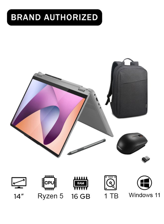 Lenovo IdeaPad Flex 5 14ABR8 Laptop With 14-Inch WUXGA (1920x1200) IPS Display, AMD Ryzen 5 5625U Processor/16GB RAM/ 1TB SSD/AMD Radeon Graphics/Windows 11With Backpack+mouse English/Arabic Arctic Grey - Image 1