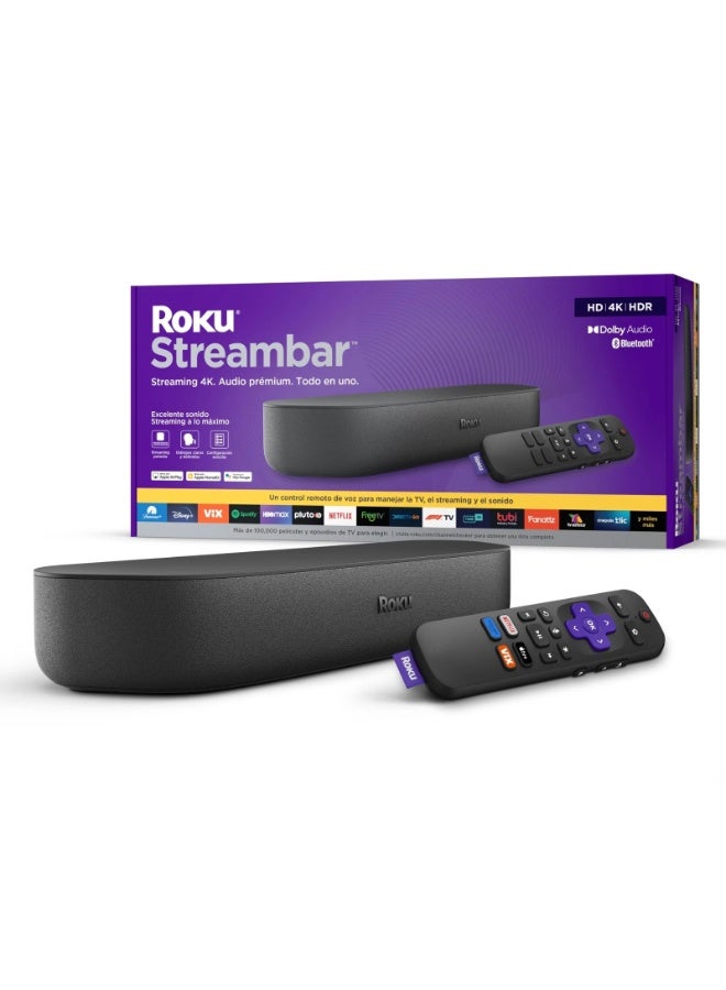 ROKU Streambar 4K/HD/HDR Streaming Media Player & Premium Soundbar – All-in-One with Dolby Audio, Voice Remote, Bluetooth & Smart TV Apps Support Black - Image 1