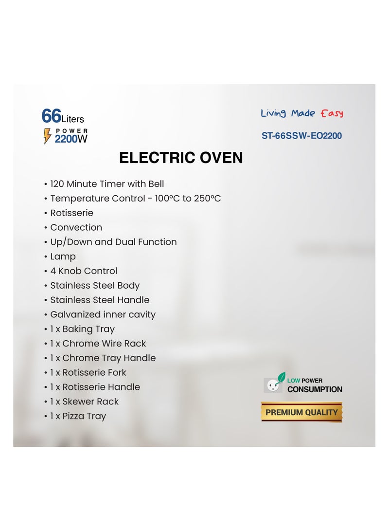 ستار تراك STAR TRACK 66L Electric Oven with Rotisserie, Convection, 120-Min Timer, Skewer & Pizza Tray, 2200W Stainless Steel Body, Galvanized Inner Cavity 66 L 2200 W ST-66SSW-EO2200 SLIVER - Image 5