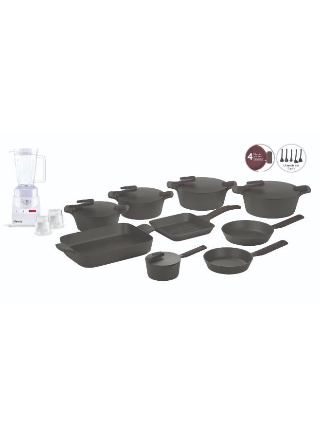 PYREX Pack Of 23 Granite Cookware With 500W Mianta Blender Set -Gray Artisan Gray Artisan (pot 20/24/26+30) + (fry pan 20/24) + grill 28 + oven tray 31 + sauce pan 16cm - Image 1