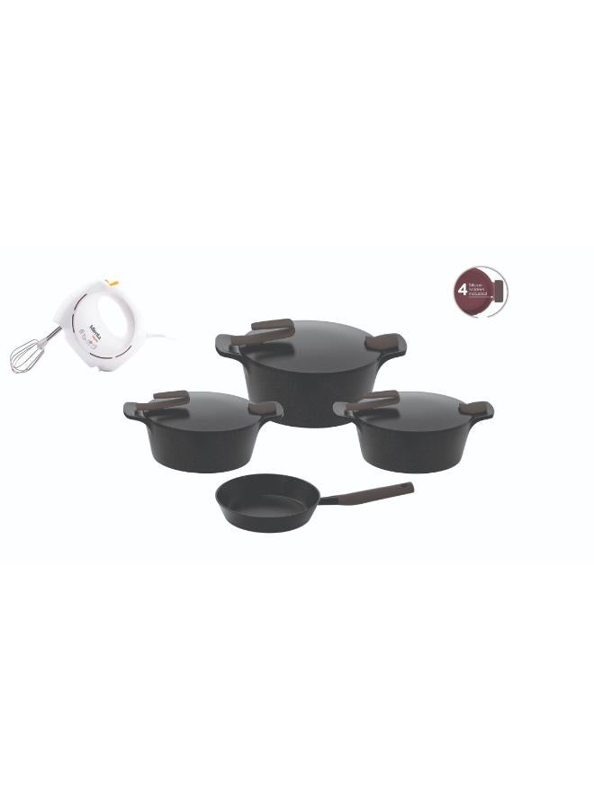 PYREX Pack Of 11 Granite Cookware With Mianta Egg Beater Set Pot 18 , 22 , 26 -22 Frying pan -Black Artisan Black Artisan Pot 18 , 22 , 26 -22 Frying pancm - Image 1