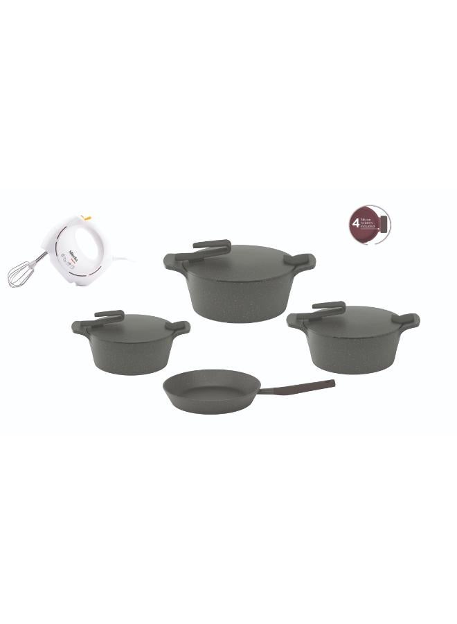 PYREX Pack Of 11 Granite Cookware With Mianta Egg Beater Set Pot 18 , 22, 26-Frying Pan 22 cm-Gray Artisan Gray Artisan Pot 18 , 22, 26-Frying Pan 22cm - Image 1