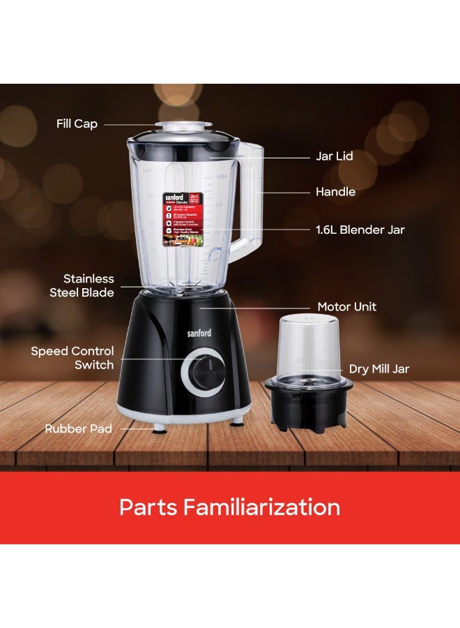 Sanford 2-in-1 Blender & Grinder, 400W Powerful Motor, 1.6L Blender Jar, 50g Dry Mill, Food-Grade Blades, Overheat Protection 1.6 L 400 W SF6817BR BS Black - Image 5
