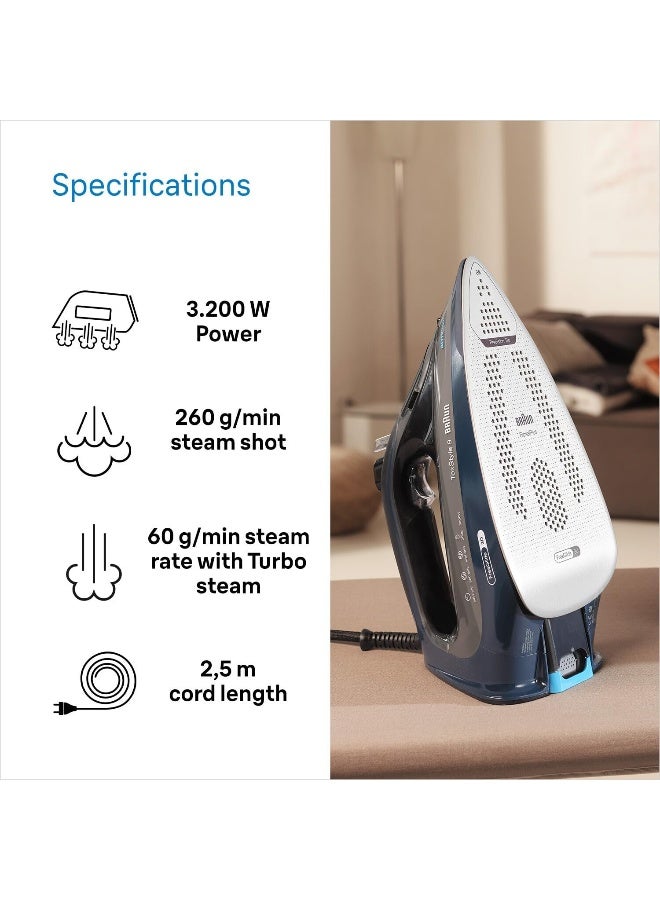 BRAUN TexStyle 9 Steam Iron, 3200W, FreeGlide 3D Technology, EloxalPlus Soleplate, Auto-Off, 330ml Tank - 330 ml 3200 W SI9682DB Dark Blue - Image 4