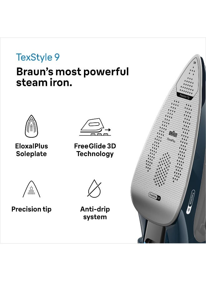 BRAUN TexStyle 9 Steam Iron, 3200W, FreeGlide 3D Technology, EloxalPlus Soleplate, Auto-Off, 330ml Tank - 330 ml 3200 W SI9682DB Dark Blue - Image 2