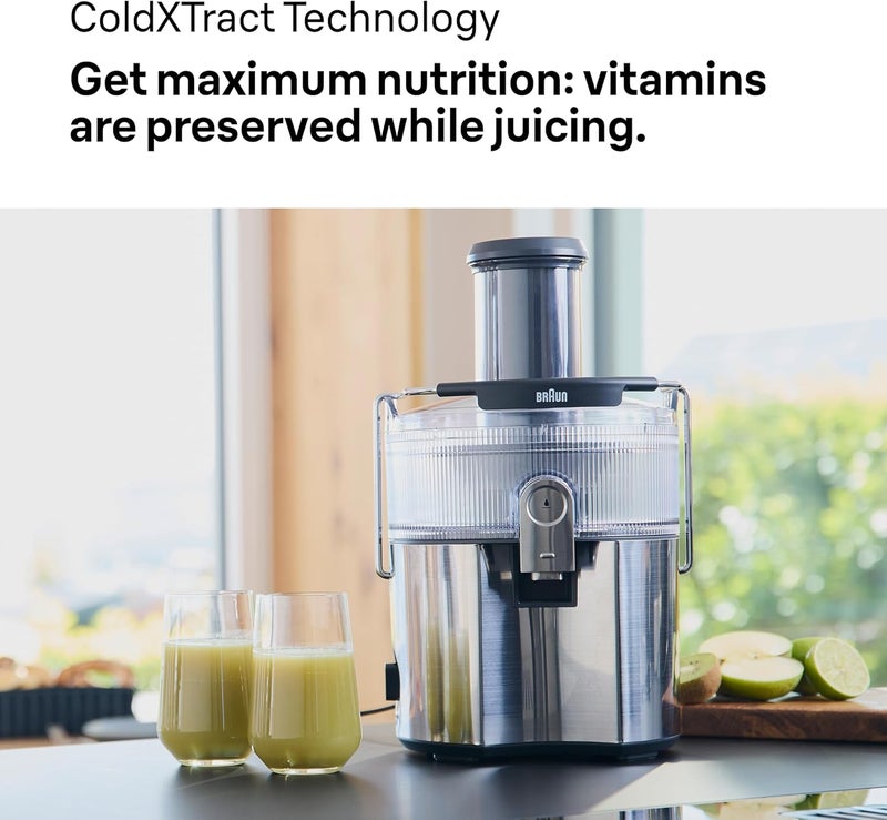 BRAUN MultiJuice 7 Centrifugal Juicer with ColdXtract Technology, 75mm Feed tube, 2L Juice Container, Anti Drip System, Quadruple Safety System, Stainless Steel Filter 2 L 1000 W SJ7000YG Silver - Image 5