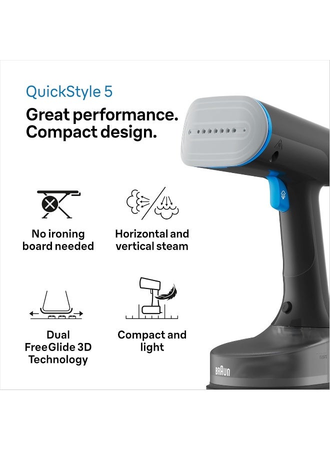 BRAUN Handheld Quickstyle 5 Garment Steamer, 1200W, 150ml Capacity, 2.5m Cord, Steam 25g/Min, Dual Heated Plate, FreeGlide 3D Technology, FastHeating - 150 ml 1200 W GS5031BL Black - Image 2