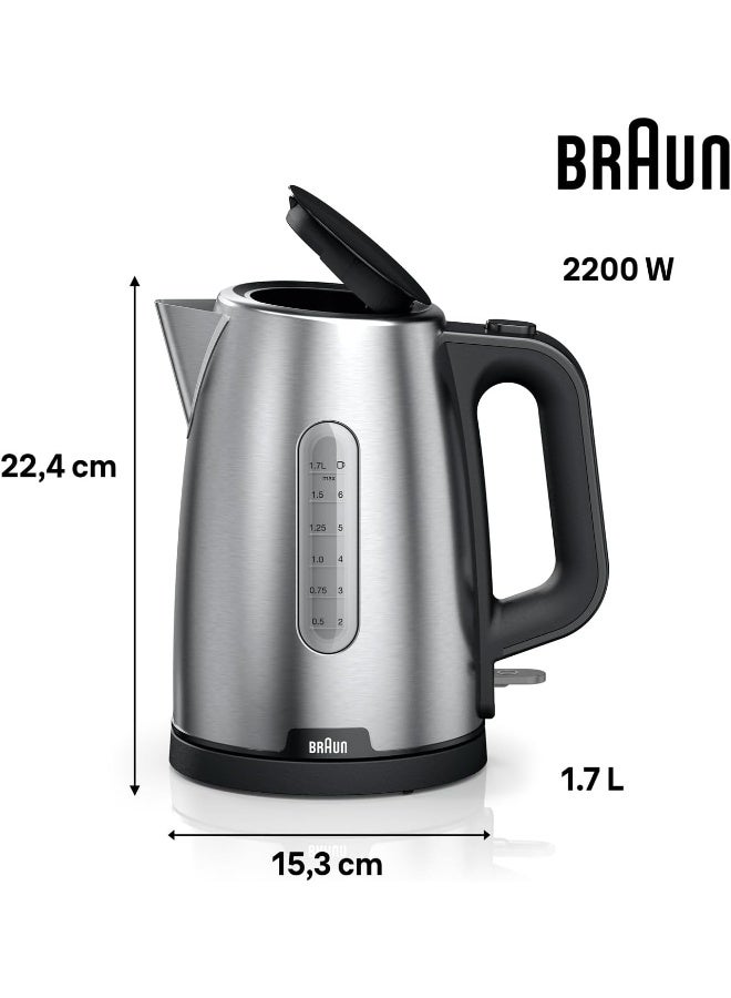 BRAUN PurShine Kettle, 1.7L, 2200W, Double scale water window, Practical flip lid, Fast boiling system, Anti-scale filter, protection system - 1.7 L 2200 W WK1500BK Silver - Image 2