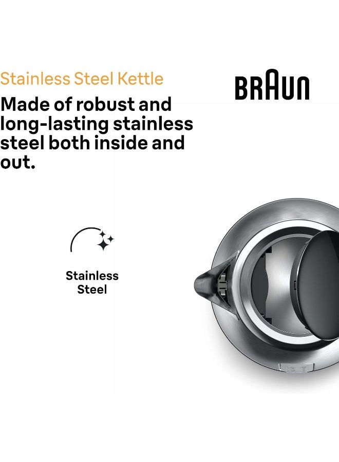 BRAUN PurShine Kettle, 1.7L, 2200W, Double scale water window, Practical flip lid, Fast boiling system, Anti-scale filter, protection system - 1.7 L 2200 W WK1500BK Silver - Image 3