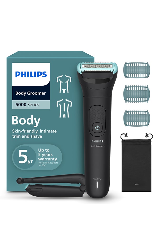 Philips Body Groomer BG5480/15 | Trim & shave body hair | 100% waterproof | Close, smooth results | Foldable back attachment for hard-to-reach areas | 2/3/5 mm combs | Up to 100 min cordless Black - Image 1