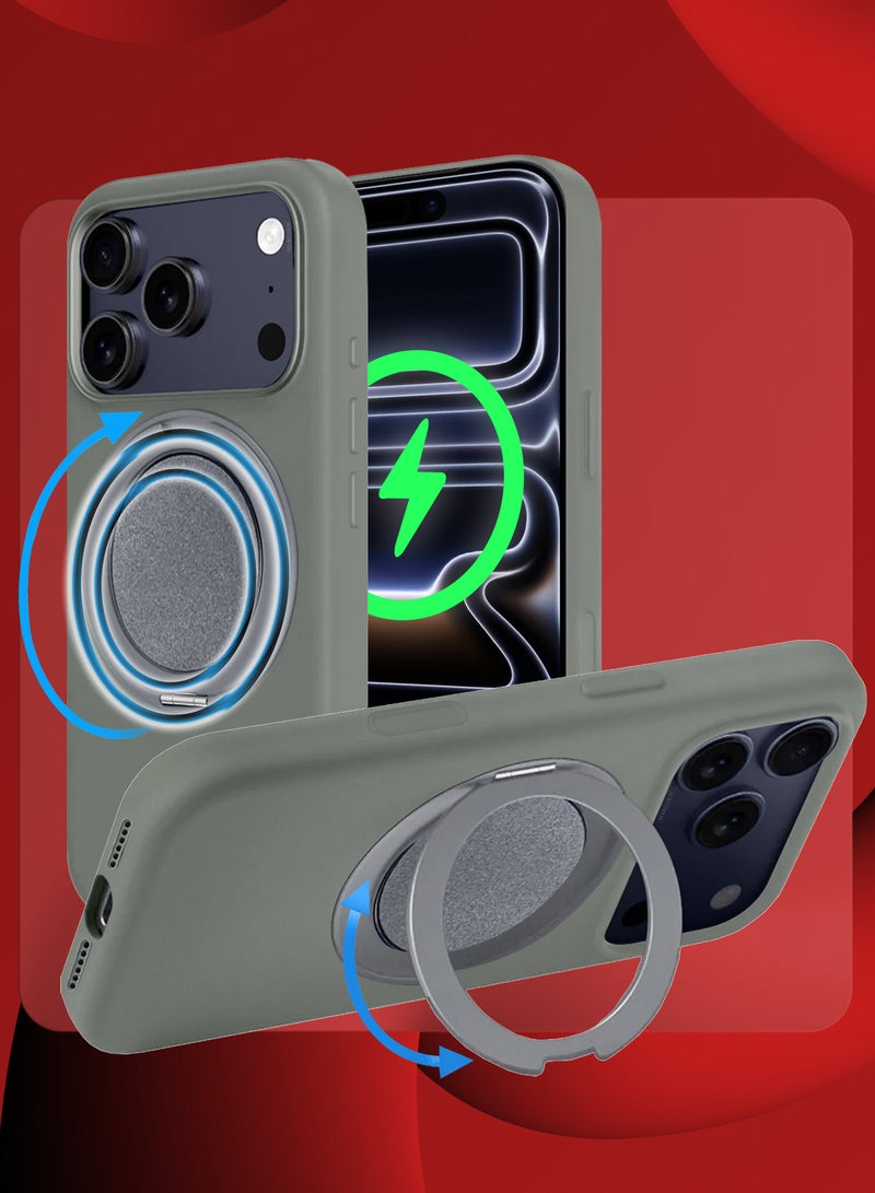 MARGOUN Magnetic 360° Stand Silicone Case Cover for Apple iPhone 17 Pro Max -Soft Liquid Silicone Cozy Grip - Full Camera Protection - Non-Slip Phone Case MagSafe Magnetic Stand Holder - Olive Green - Image 2