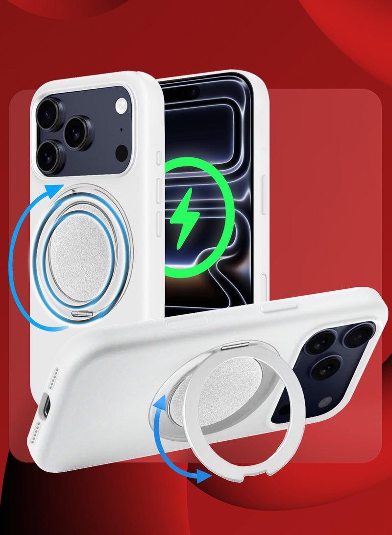مارجون Magnetic 360° Stand Silicone Case Cover for Apple iPhone 17 Pro Max -Soft Liquid Silicone Cozy Grip - Full Camera Protection - Non-Slip Phone Case MagSafe Magnetic Stand Holder White - Image 2