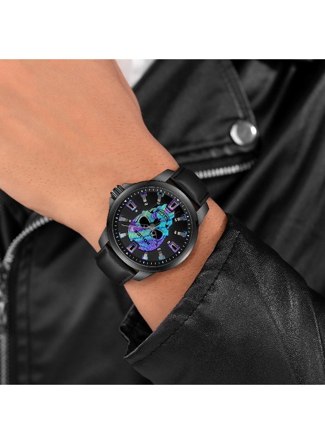 بوليس ساعة مونسور للرجال بقرص أسود وحزام جلد طبيعي أسود تناظري 44 مم - Image 5