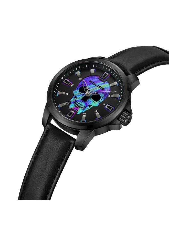 بوليس ساعة مونسور للرجال بقرص أسود وحزام جلد طبيعي أسود تناظري 44 مم - Image 2