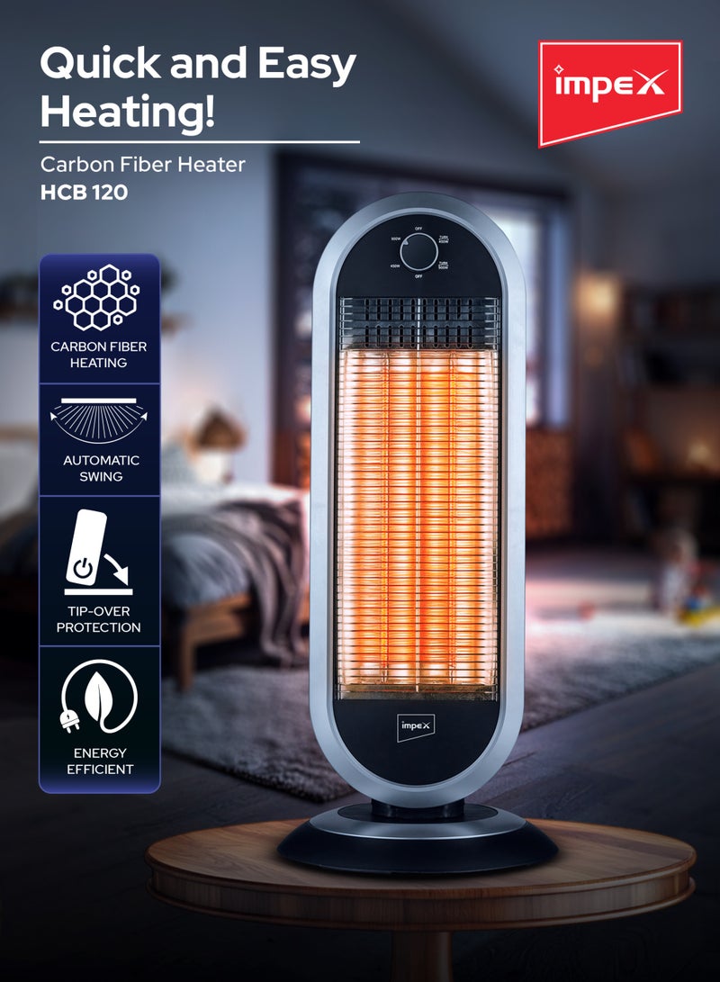Impex Carbon Fiber Heater | Energy Efficient Room Heater with Twin Carbon Fiber Tubes | Automatic Swing Heater with Tip-Over Protection and Silent Operation | Wide-Angle Heating | Electric Heater for Room, Office, and Indoor | HCB120 900 W HCB120 Black & White - Image 2