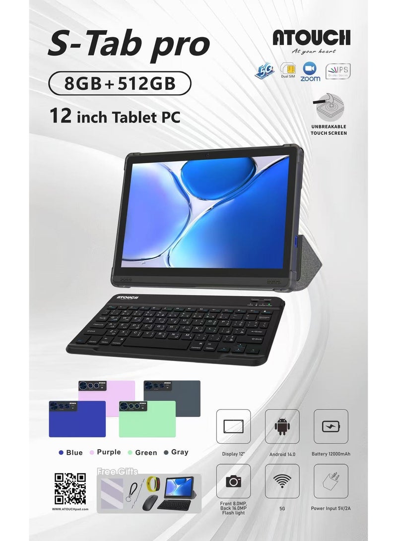 ATOUCH S-Tab Pro 12-Inch IPS Android 14 Kids Tablet 8GB RAM 512GB ROM Wi-Fi 5G Dual SIM Bluetooth Educational Tablet with Keyboard, Mouse & Foldable Stand Case – Grey - Image 4