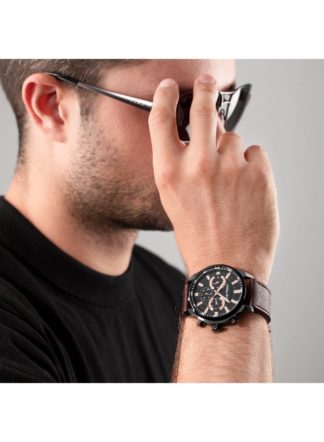 بوليس ساعة متعددة الوظائف للرجال مينليك بقرص أسود وحزام جلد بني - 46 مم - Image 4