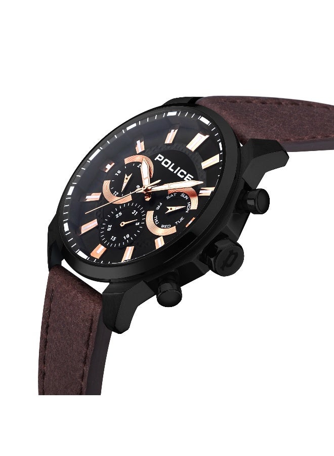 بوليس ساعة متعددة الوظائف للرجال مينليك بقرص أسود وحزام جلد بني - 46 مم - Image 2