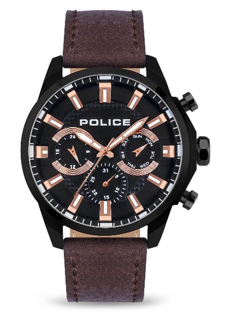 بوليس ساعة متعددة الوظائف للرجال مينليك بقرص أسود وحزام جلد بني - 46 مم - Image 1