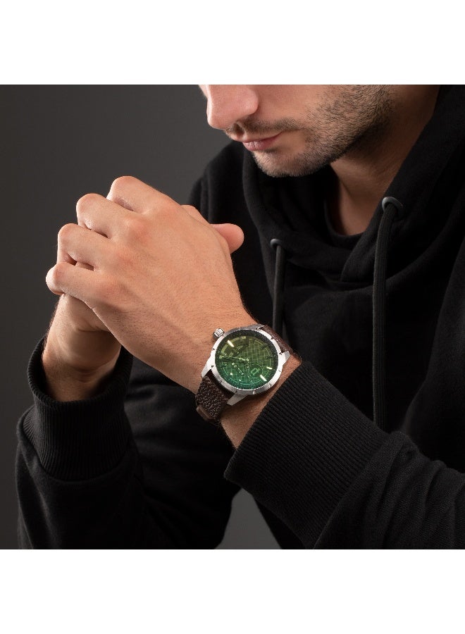 بوليس ساعة أنالوج نايست بقرص أسود وحزام جلد بني - 45 مم - Image 2