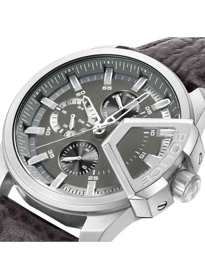 POLICE Men's Underlined Grey Dial Brown Leather Strap Multifunction Watch - 46mm - Image 3