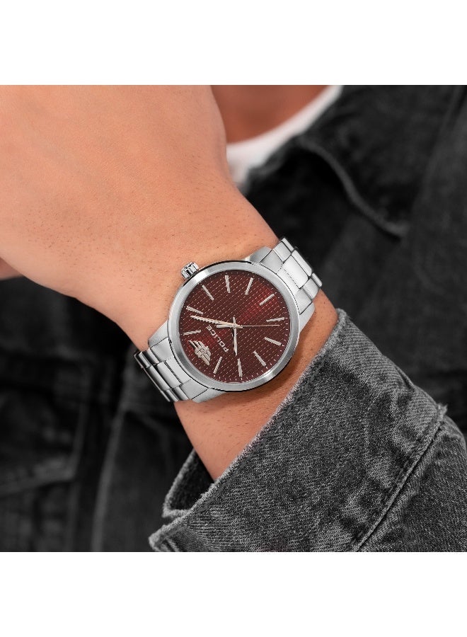 بوليس Men's Raho Burgundy Dial Silver Stainless Steel Bracelet Analog Watch - 44mm - Image 5