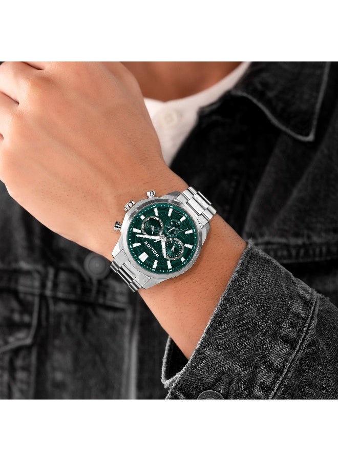 بوليس ساعة متعددة الوظائف برابط معدني فضي بقرص أخضر رانجي - 44 مم - Image 5