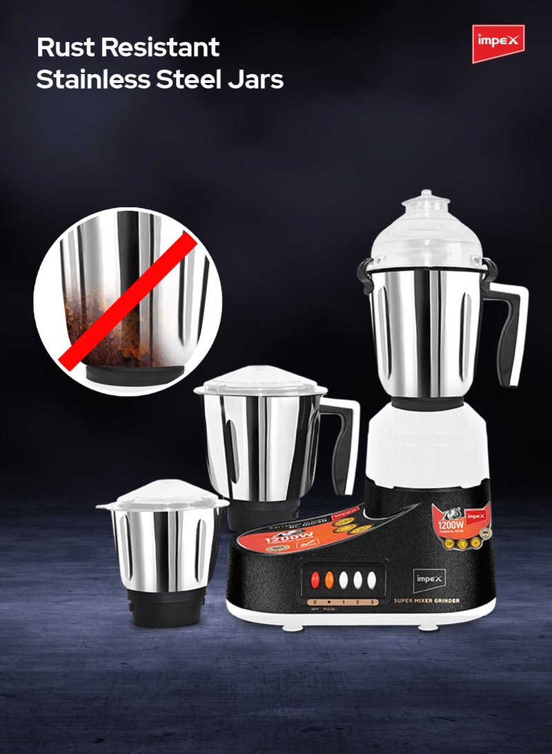 إمبكس خلاط ومطحنة 4 في 1 | خلاط كهربائي متعدد الوظائف ومطحنة | 3 سرعات مع تحكم نبضي | 3 أوعية من الفولاذ المقاوم للصدأ (1.5 لتر، 1.2 لتر، 0.5 لتر) ووعاء واحد بدون فلتر (1.5 لتر) | محرك قوي مع حماية من السخونة الزائدة | مقاوم للصدأ | شفرات حادة وقوية - - Image 5