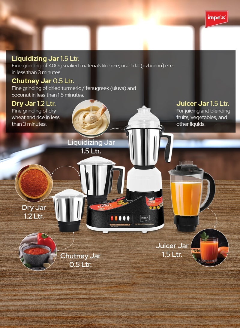 إمبكس خلاط ومطحنة 4 في 1 | خلاط كهربائي متعدد الوظائف ومطحنة | 3 سرعات مع تحكم نبضي | 3 أوعية من الفولاذ المقاوم للصدأ (1.5 لتر، 1.2 لتر، 0.5 لتر) ووعاء واحد بدون فلتر (1.5 لتر) | محرك قوي مع حماية من السخونة الزائدة | مقاوم للصدأ | شفرات حادة وقوية - - Image 3