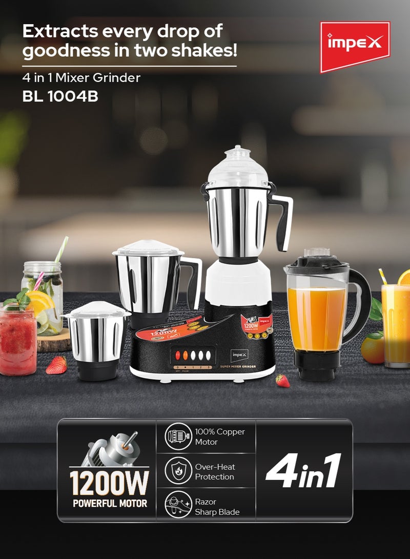 إمبكس خلاط ومطحنة 4 في 1 | خلاط كهربائي متعدد الوظائف ومطحنة | 3 سرعات مع تحكم نبضي | 3 أوعية من الفولاذ المقاوم للصدأ (1.5 لتر، 1.2 لتر، 0.5 لتر) ووعاء واحد بدون فلتر (1.5 لتر) | محرك قوي مع حماية من السخونة الزائدة | مقاوم للصدأ | شفرات حادة وقوية - - Image 2