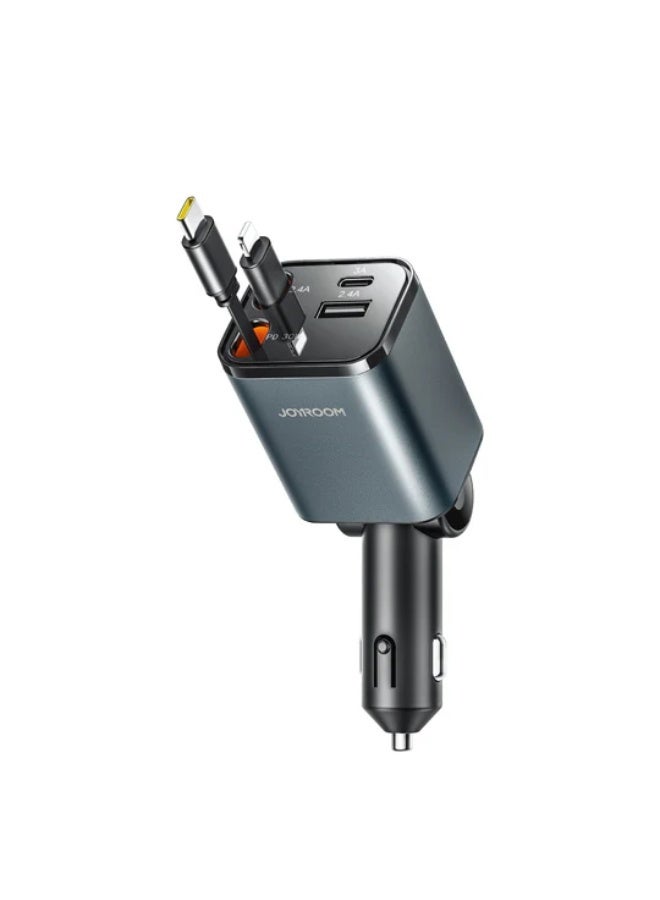 JOYROOM Car Charger 65W Fast Charging 4-in-1 Adapter with Collapsible Lightning & Type C Cables, Dual USB Ports Type C & Type A -Powerful Output Black - Image 1