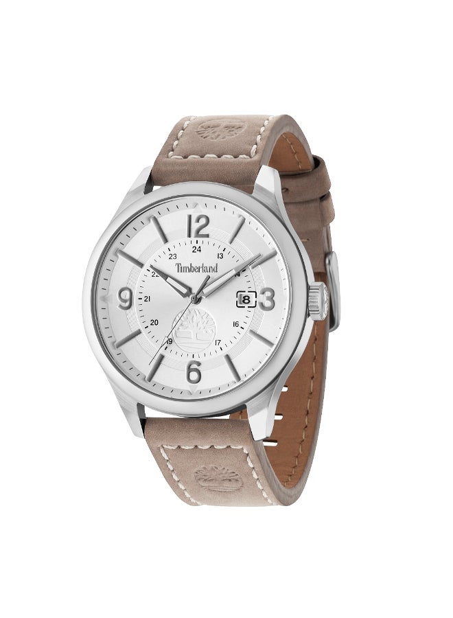 تمبرلاند ساعة بليك للرجال بقرص أبيض وحزام جلد بني تناظري 5ATM