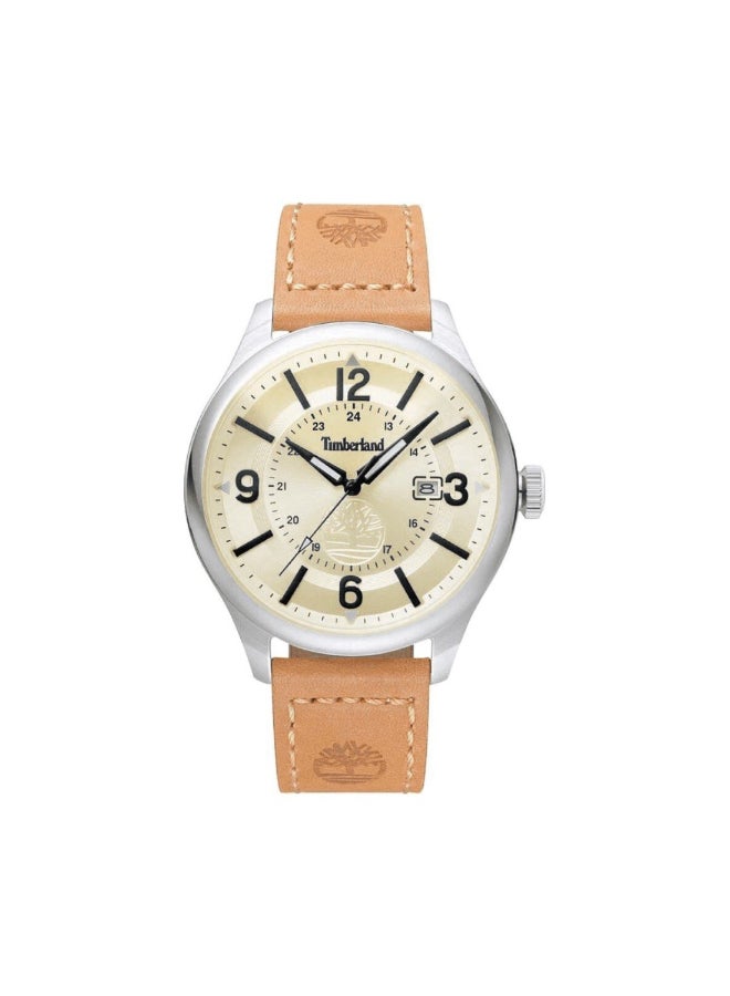 تمبرلاند ساعة أنالوج للرجال بليك بقرص أبيض فاتح وحزام جلد بني 3ATM