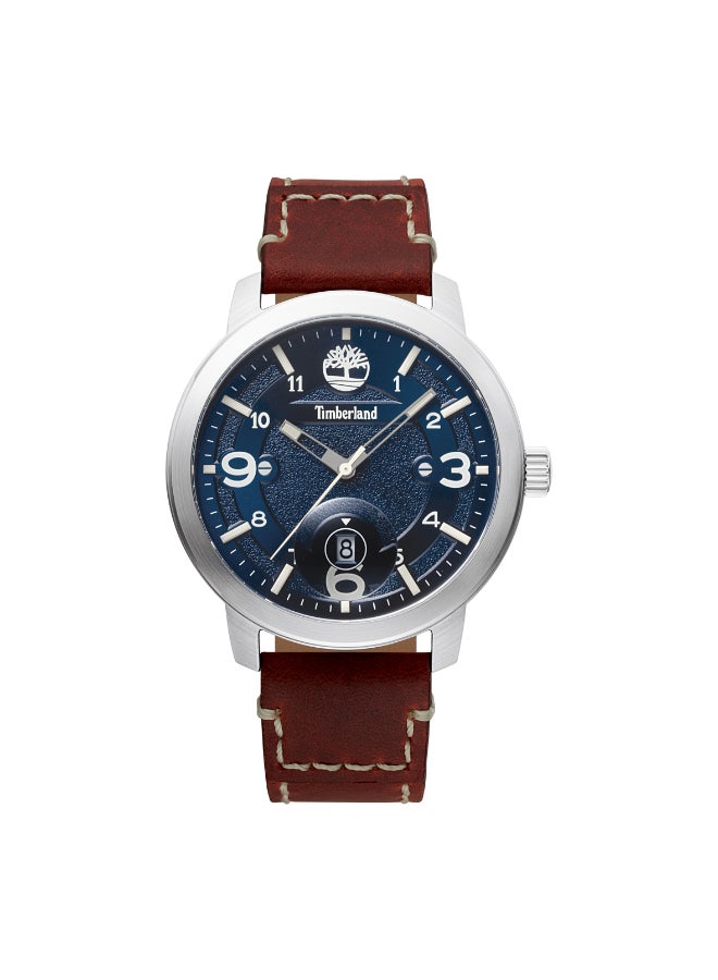تمبرلاند ساعة أنالوج للرجال بقرص أزرق وحزام جلد بني 5ATM