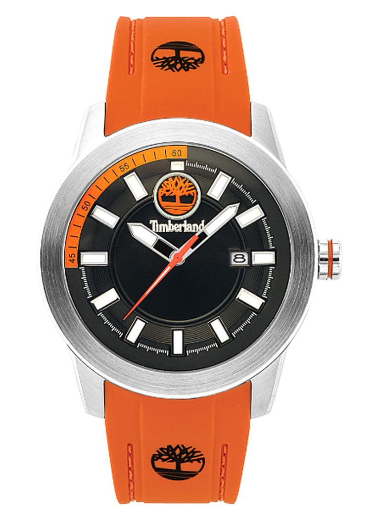 تمبرلاند ساعة أنالوج للرجال بقرص أسود وحزام سيليكون برتقالي 5ATM - Image 1