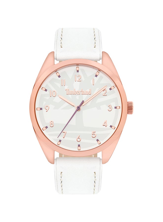 تمبرلاند ساعة أنالوج للنساء من بينجري بقرص أبيض وحزام جلد أبيض 3ATM