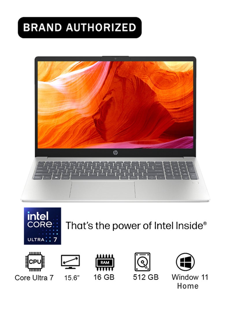 HP Laptop 15-fd1018ne, 15.6" FHD Display, Intel® Core™ Ultra 7, 16GB RAM, 512GB SSD, Intel® AI Boost (11 NPU TOPS), Windows 11 Home [B9FH6EA] English/Arabic Natural silver - Image 1