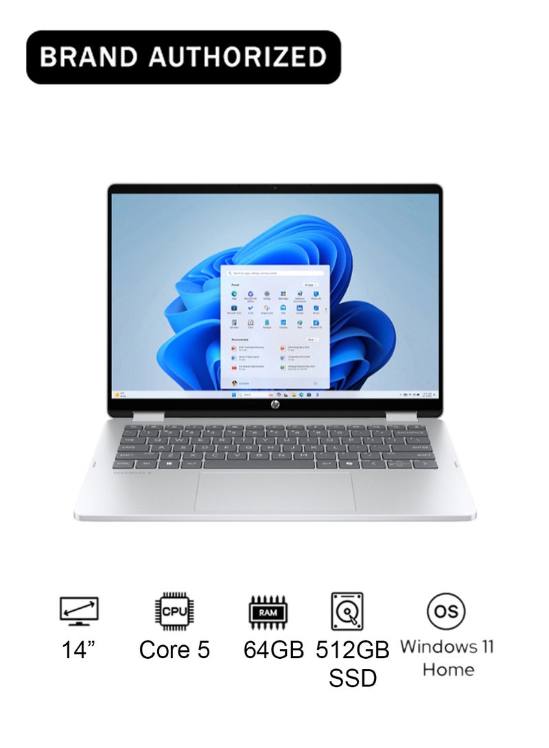 HP OmniBook 5 Flip 2-in-1 14-fp0035ne Laptop With 14-Inch Touchscreen Display, Core 5 Processor/16GB RAM/512GB SSD/Intel Iris XE Graphics/Windows 11 Home Glacier Silver - Image 1