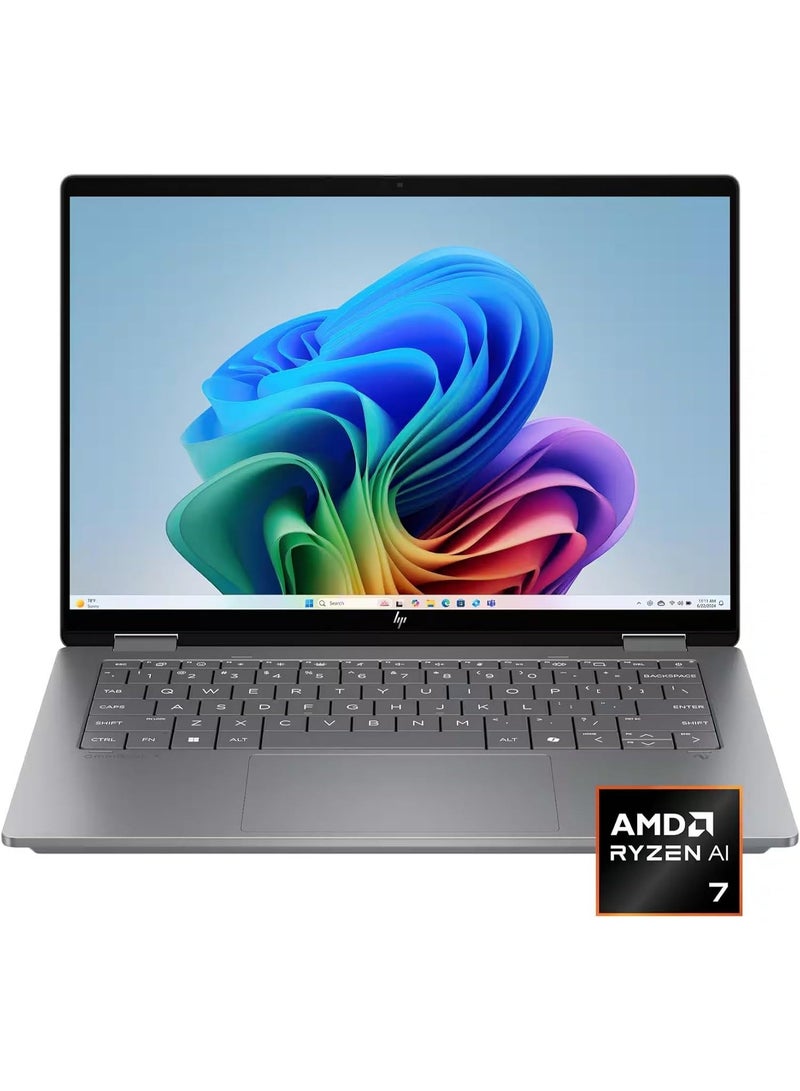 HP OmniBook X Flip 2-in-1 Copilot+ AI Laptop, 14" 2K Touchscreen, AMD Ryzen AI 7, 24GB RAM, 2TB SSD, Windows 11, Backlit Keyboard, Meteor Silver English Meteor Silver - Image 1