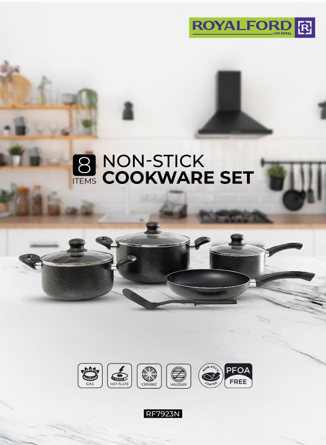 Royalford 8-Piece Non-Stick Cookware Set Aluminum | Scratch-Resistant Non-Stick Coating with CD Bottom | Tempered Glass Lids, Heat-Resistant Bakelite Handles & Knobs Dark Black 24x12 cm - 2 Piece Casserole+ Lid, 20x10 cm - 2 Piece Saucepan+ Lid, 18x8.5 cm- 2 Piece Saucepan+Lid, 24x4.5 cm - 1 Piece Frypan, 1 Piece Nylon Turner - Image 1