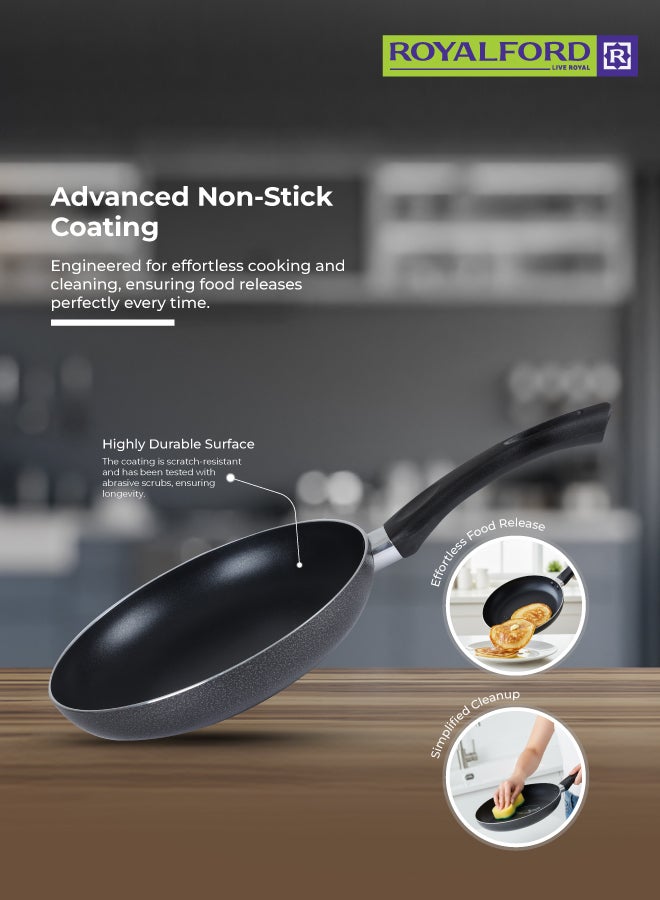 Royalford 8-Piece Non-Stick Cookware Set Aluminum | Scratch-Resistant Non-Stick Coating with CD Bottom | Tempered Glass Lids, Heat-Resistant Bakelite Handles & Knobs Dark Black 24x12 cm - 2 Piece Casserole+ Lid, 20x10 cm - 2 Piece Saucepan+ Lid, 18x8.5 cm- 2 Piece Saucepan+Lid, 24x4.5 cm - 1 Piece Frypan, 1 Piece Nylon Turner - Image 3