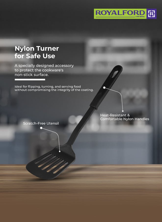 Royalford 8-Piece Non-Stick Cookware Set Aluminum | Scratch-Resistant Non-Stick Coating with CD Bottom | Tempered Glass Lids, Heat-Resistant Bakelite Handles & Knobs Dark Black 24x12 cm - 2 Piece Casserole+ Lid, 20x10 cm - 2 Piece Saucepan+ Lid, 18x8.5 cm- 2 Piece Saucepan+Lid, 24x4.5 cm - 1 Piece Frypan, 1 Piece Nylon Turner - Image 5