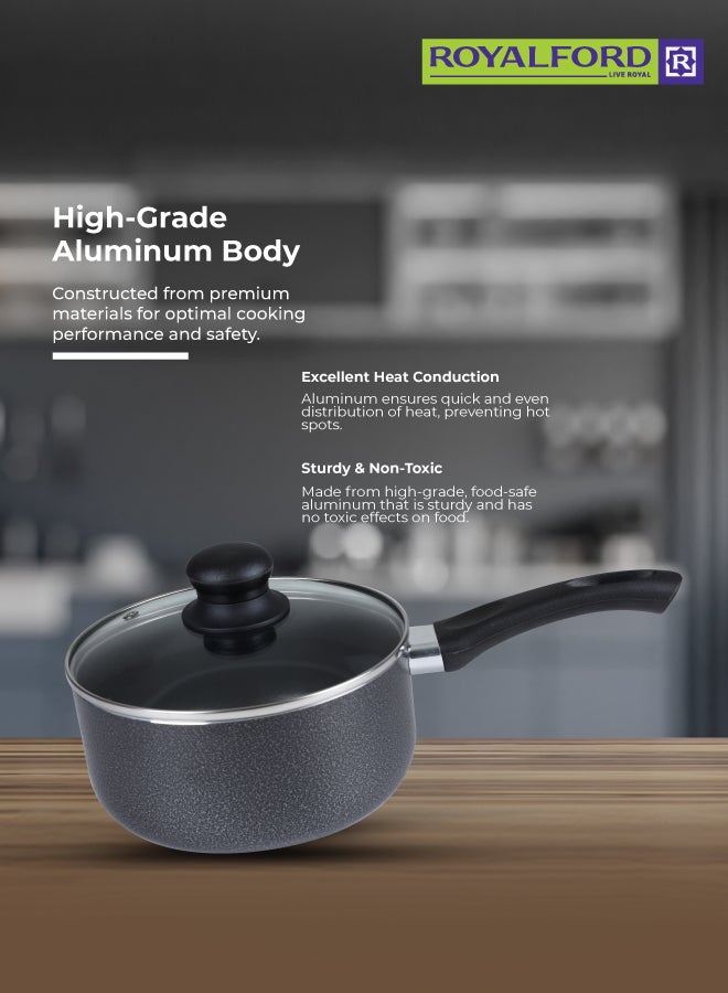 Royalford 8-Piece Non-Stick Cookware Set Aluminum | Scratch-Resistant Non-Stick Coating with CD Bottom | Tempered Glass Lids, Heat-Resistant Bakelite Handles & Knobs Dark Black 24x12 cm - 2 Piece Casserole+ Lid, 20x10 cm - 2 Piece Saucepan+ Lid, 18x8.5 cm- 2 Piece Saucepan+Lid, 24x4.5 cm - 1 Piece Frypan, 1 Piece Nylon Turner - Image 4