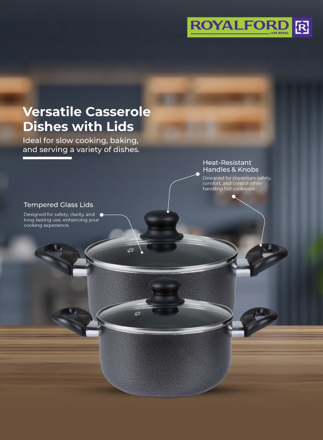 Royalford 8-Piece Non-Stick Cookware Set Aluminum | Scratch-Resistant Non-Stick Coating with CD Bottom | Tempered Glass Lids, Heat-Resistant Bakelite Handles & Knobs Dark Black 24x12 cm - 2 Piece Casserole+ Lid, 20x10 cm - 2 Piece Saucepan+ Lid, 18x8.5 cm- 2 Piece Saucepan+Lid, 24x4.5 cm - 1 Piece Frypan, 1 Piece Nylon Turner - Image 2